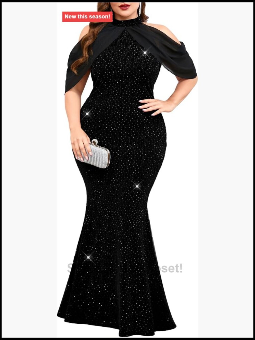 Plus Size Halter Neck Sparkly Mermaid Evening Gown Chiffon Cape Sleeve Cocktail